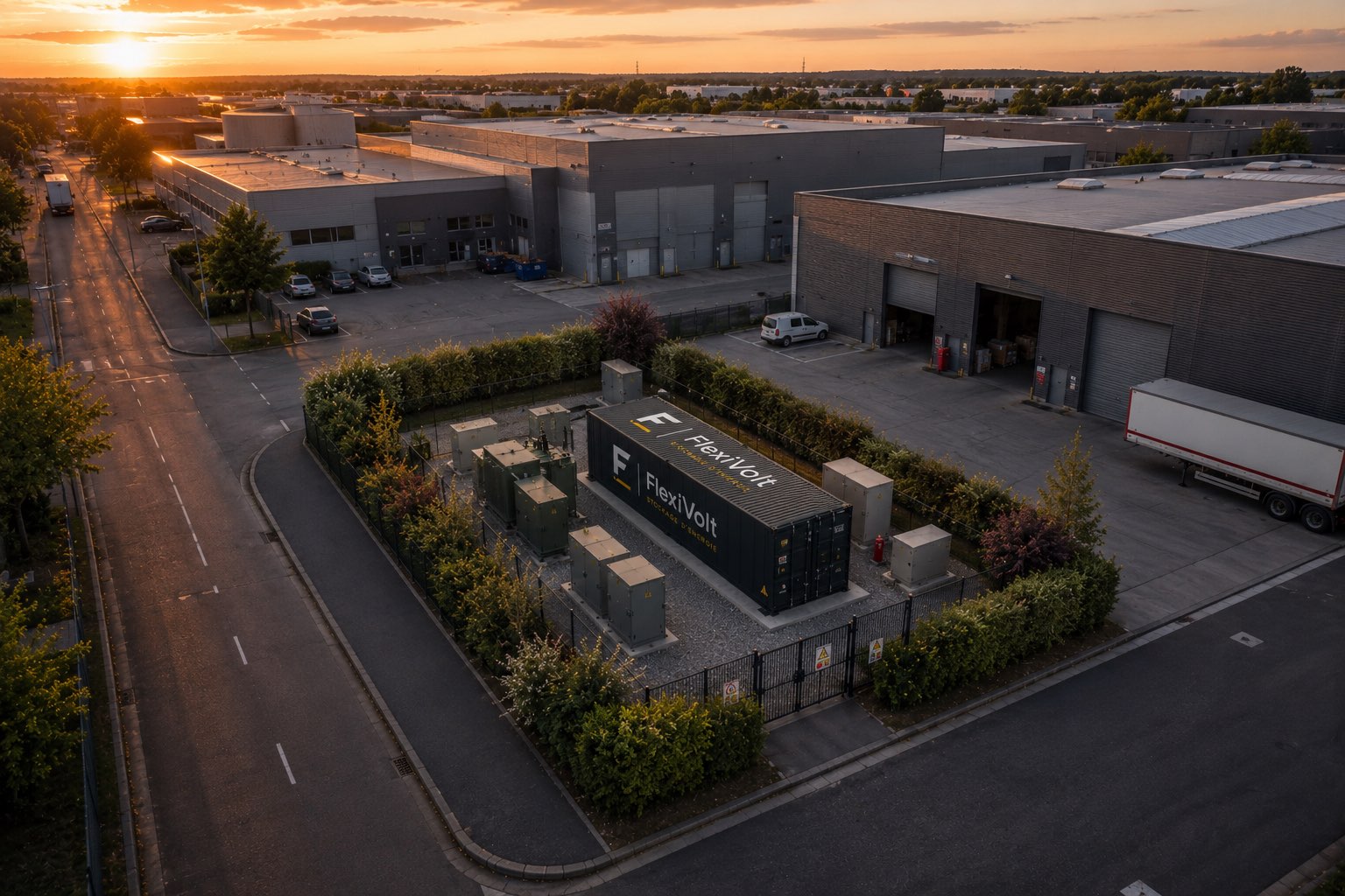 Rendu 3D d’un BESS en milieu logistique