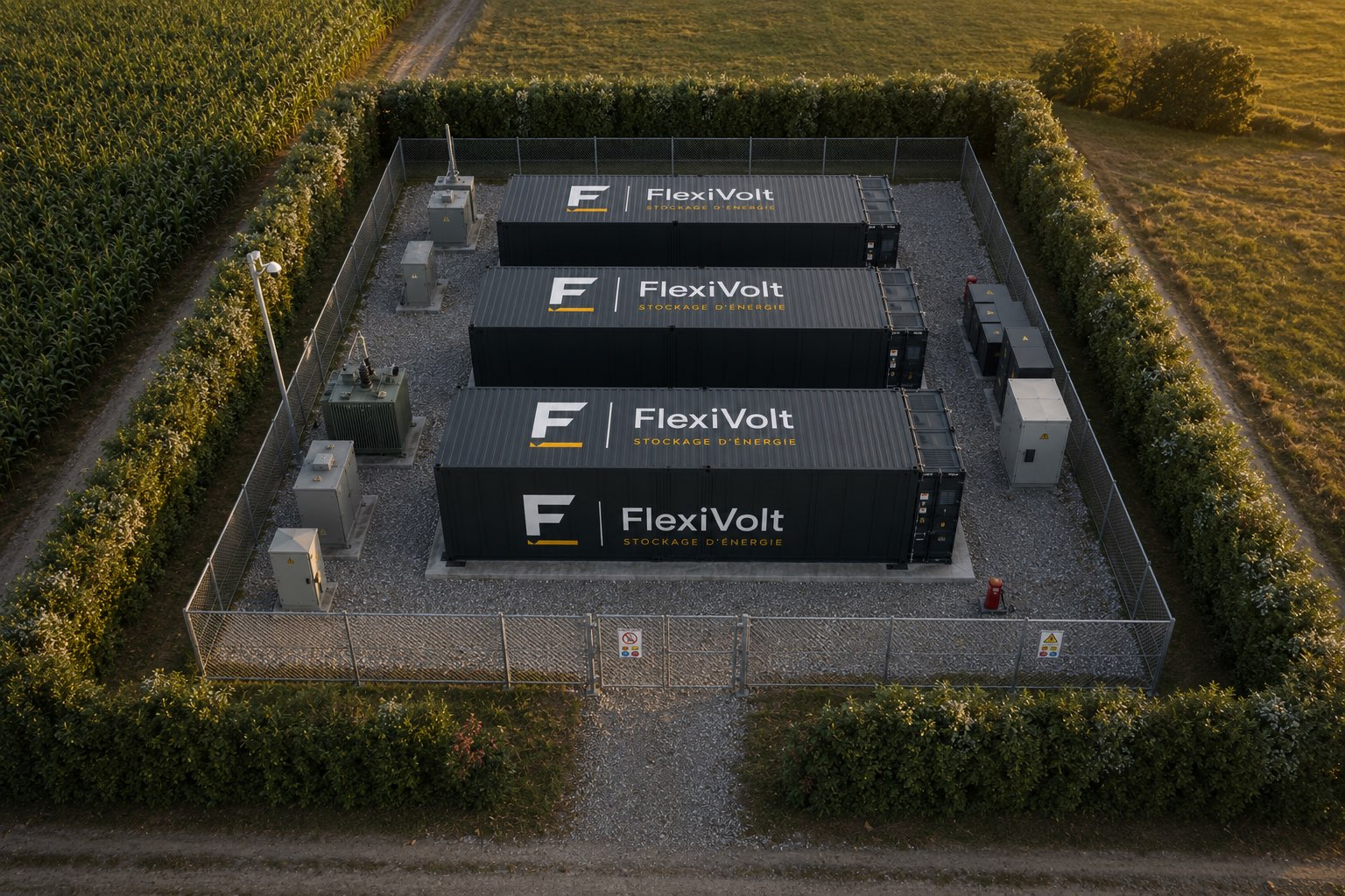 Vue aérienne d’un site BESS FlexiVolt en milieu rural