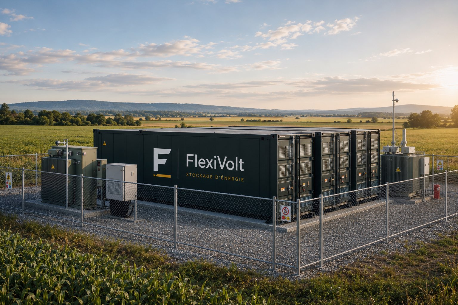Infrastructure BESS FlexiVolt intégrée dans un paysage rural avec haie