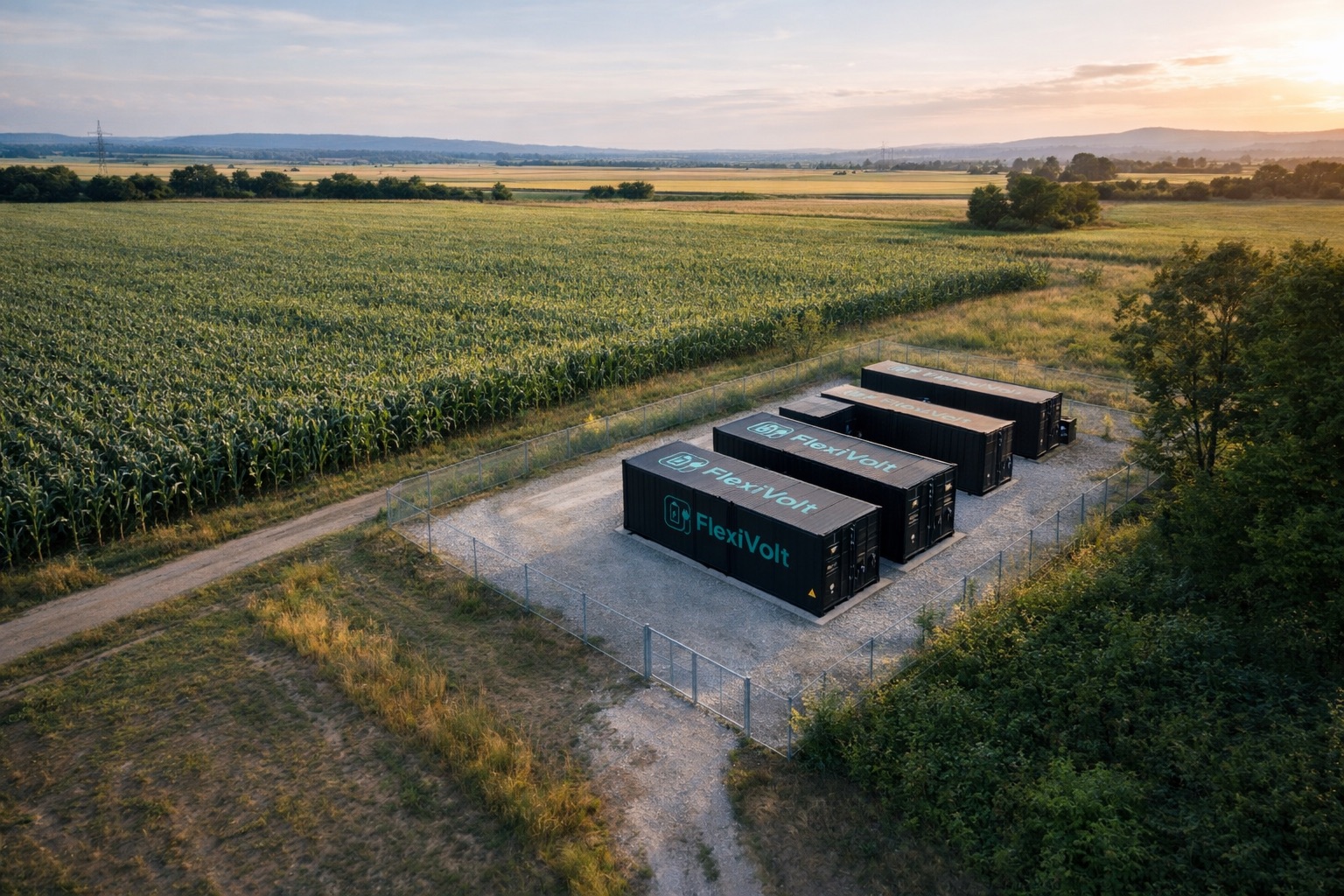 Vue aérienne d'un site BESS FlexiVolt en milieu rural