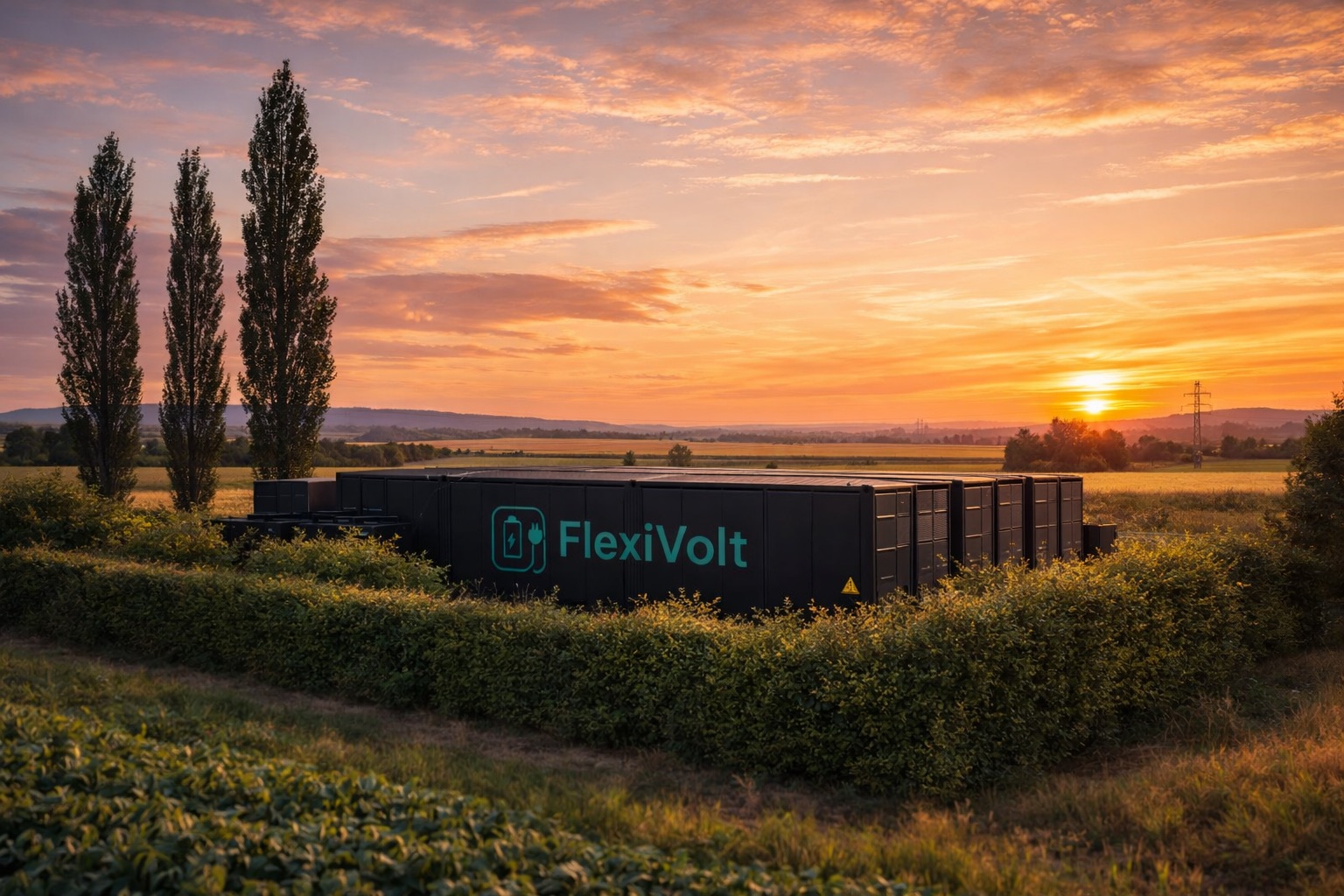 Infrastructure BESS FlexiVolt intégrée dans un paysage rural avec haie