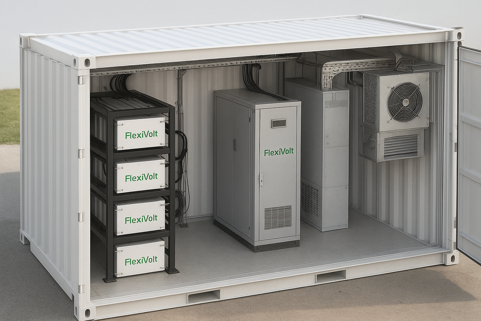 Intérieur d’un conteneur BESS avec modules de batteries lithium-ion