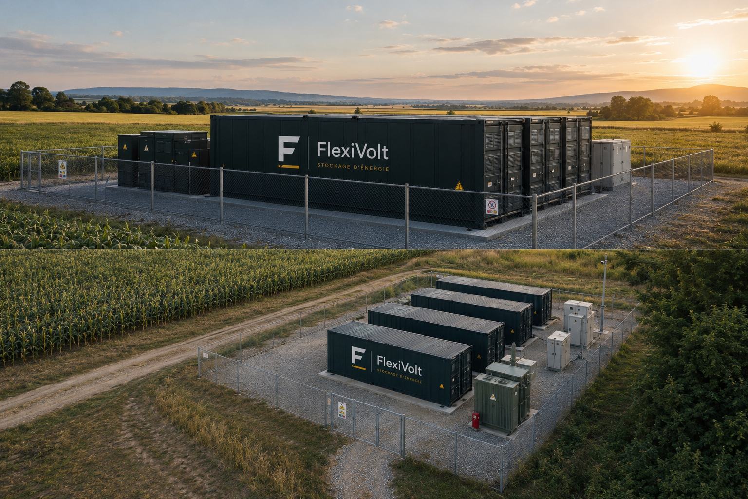 Deux vues d’un site de stockage par batterie : conteneurs alignés derrière une clôture, poste de transformation, piste d’accès, au milieu de parcelles agricoles.